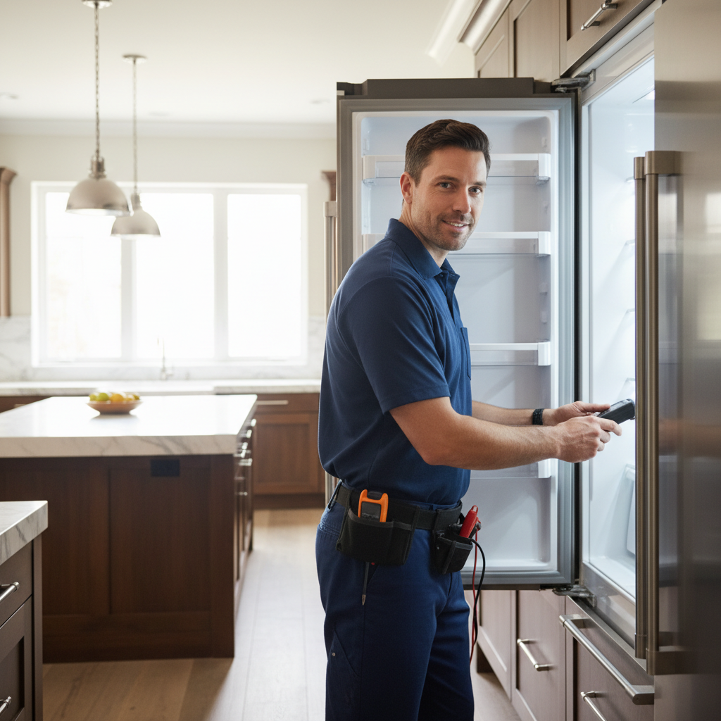 Professional technician inspecting a built-in refrigerator